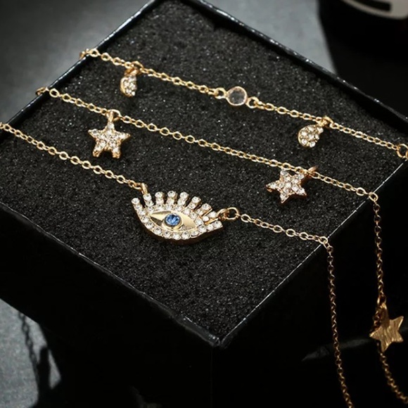 🔵𝟲𝟱%𝗢𝗙𝗙 𝗯𝘂𝗻𝗱𝗹𝗲𝘀 𝟯+🔵 NEW 3 Layered Gold Rhinestone Evil Eye Necklace - Picture 7 of 11